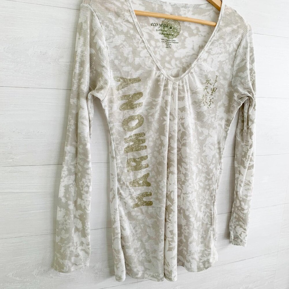 Eco yoga Sustainable organic clothing burnout knit long sleeve pale green top L - Picture 3 of 5
